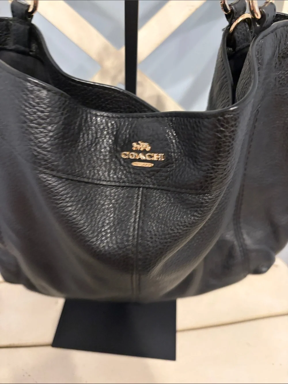 Coach Black Pebbled Leather Shoulder Tote with Gold Hardware and Matching Wallet